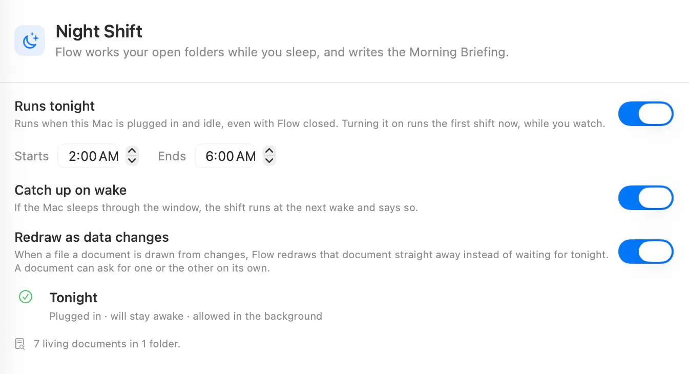 Night Shift controls for the schedule, catch-up on wake and automatic redraws.