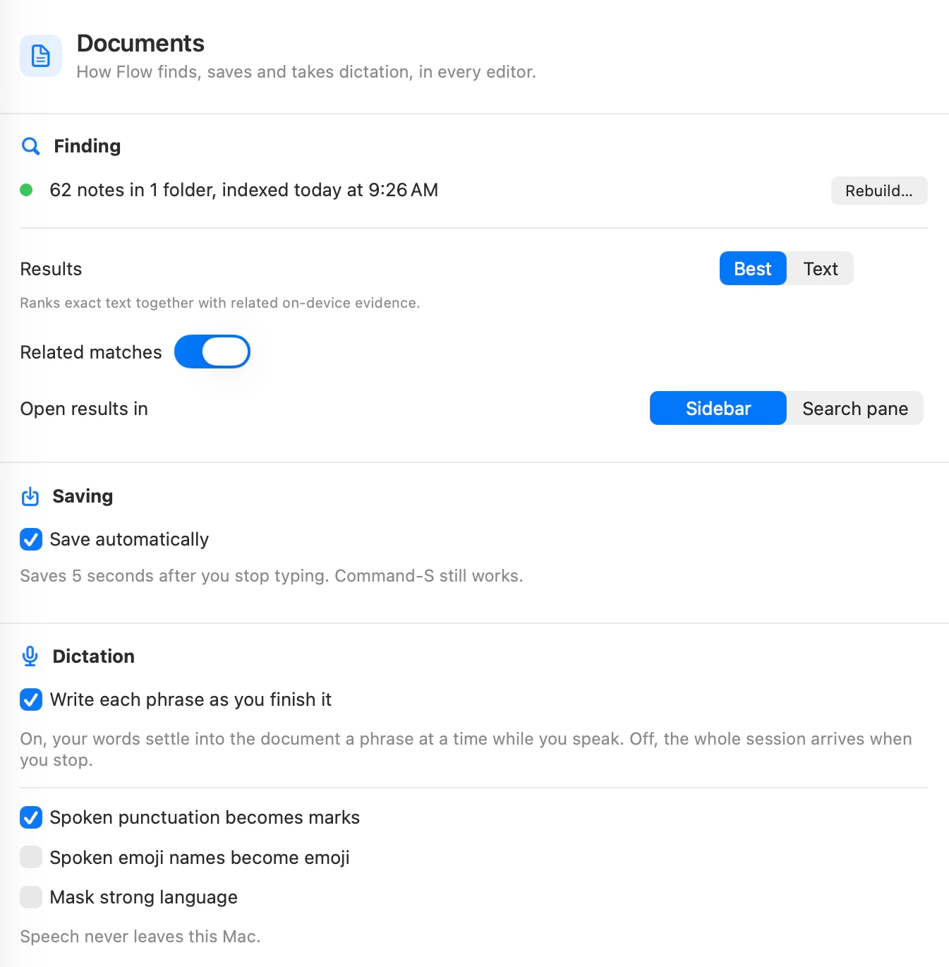 Documents settings shows search results, saving and dictation controls.