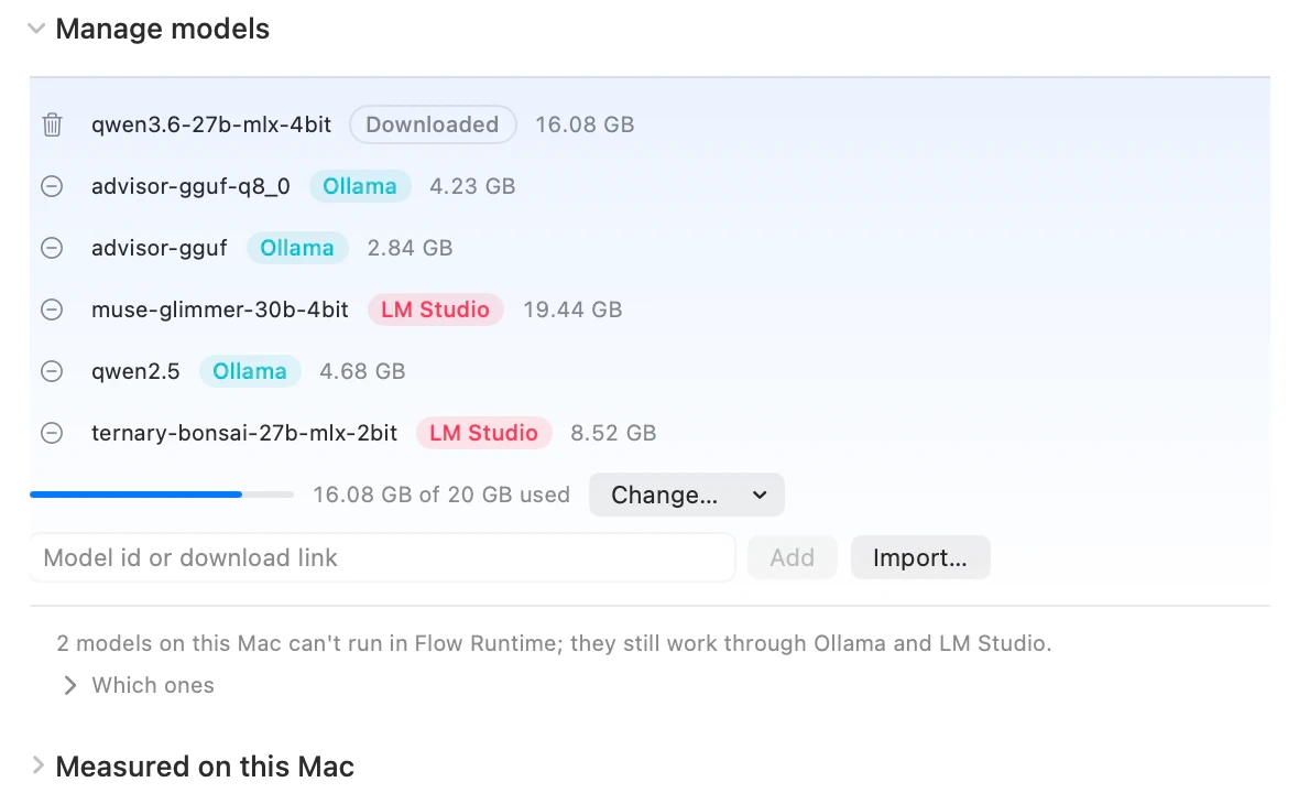 Manage models lists one downloaded model and models shared from Ollama and LM Studio, with a storage allowance.