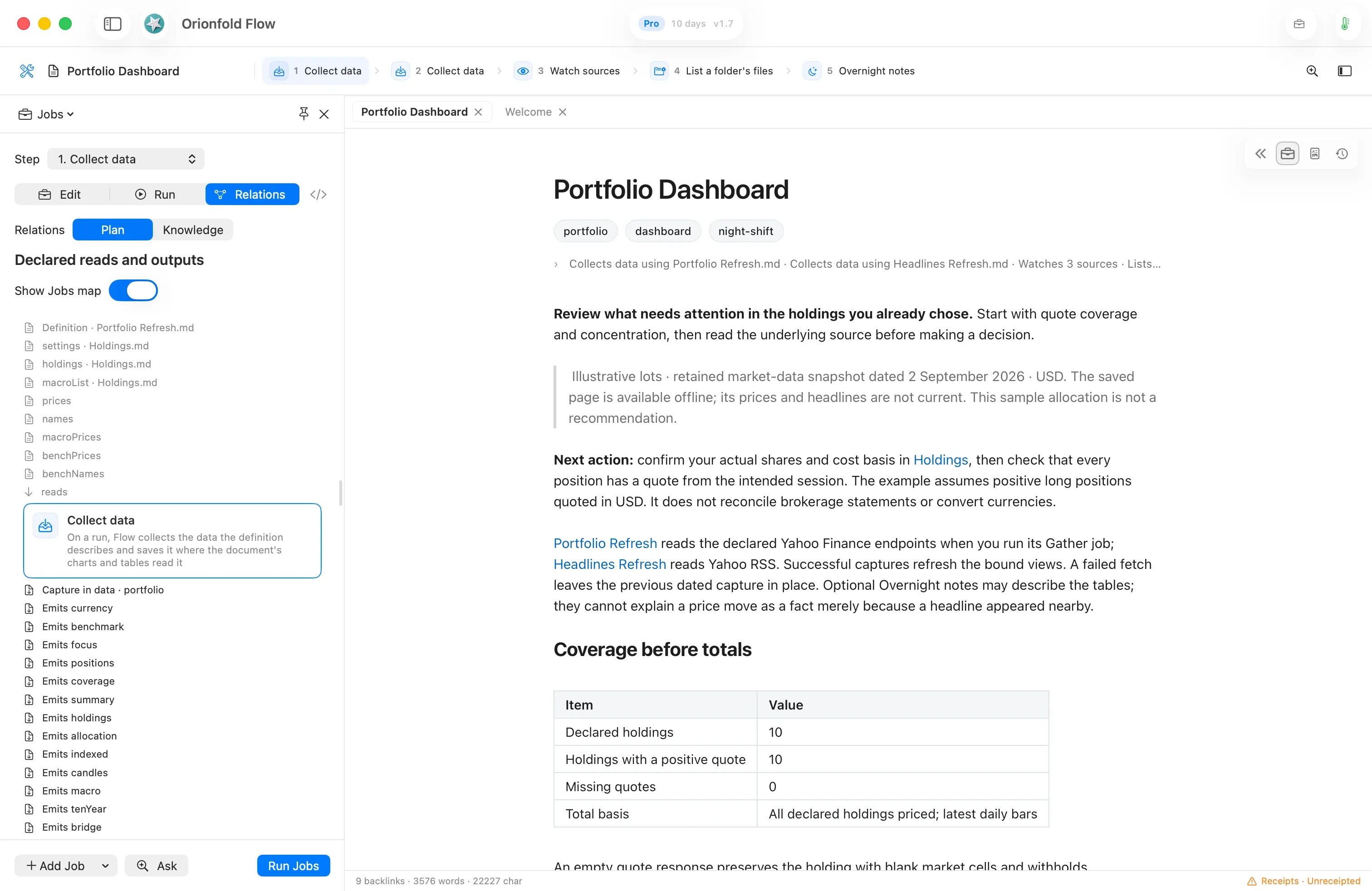 Flow 1.7 shows a document beside the Jobs Workbench and its declared inputs and outputs.