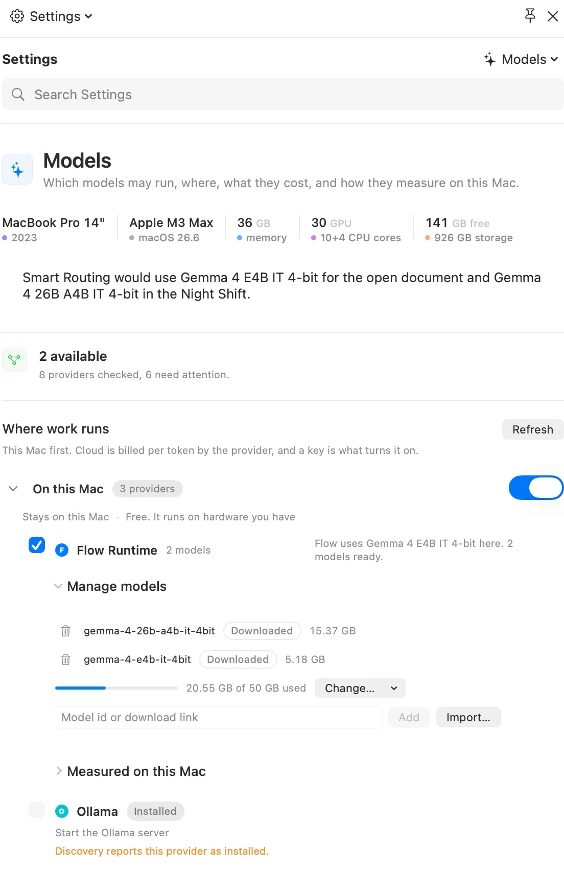 Flow 1.7 Models settings in the Workbench, with separate document and Night Shift model picks.