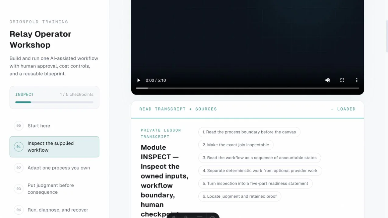 Relay Operator Workshop Inspect screen with the in-place transcript expanded and chapter navigation visible.