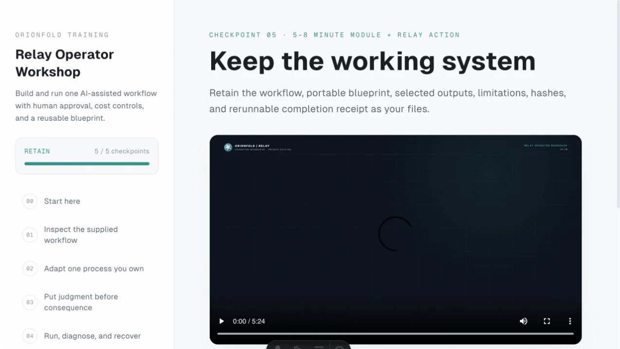 Relay Operator Workshop Retain screen showing the fifth checkpoint and completion progress.