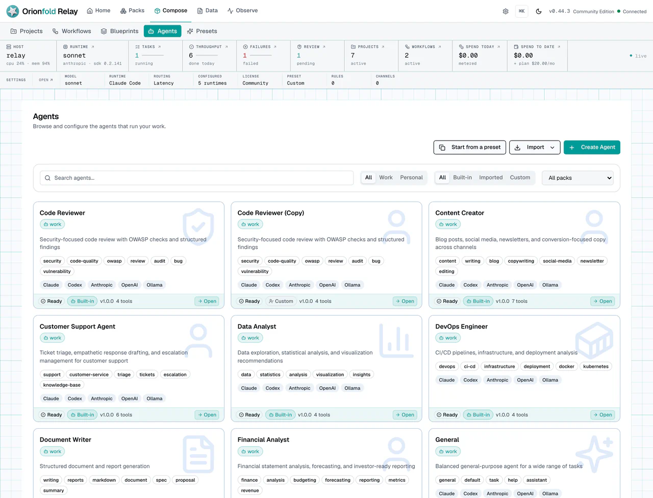 Agents list with reusable instruction profiles