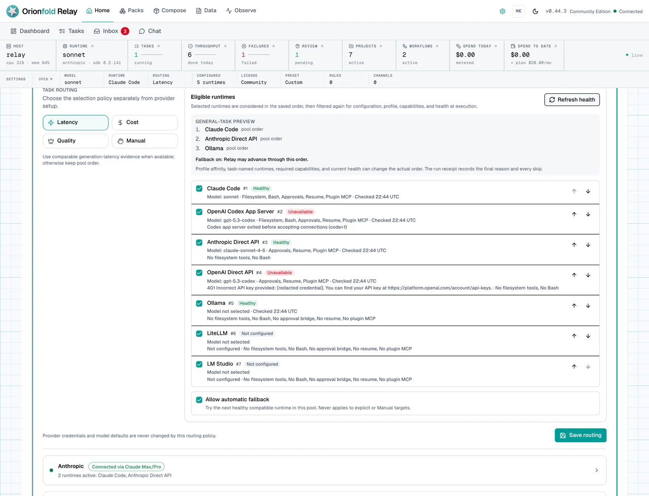 Runtime settings with model and provider controls