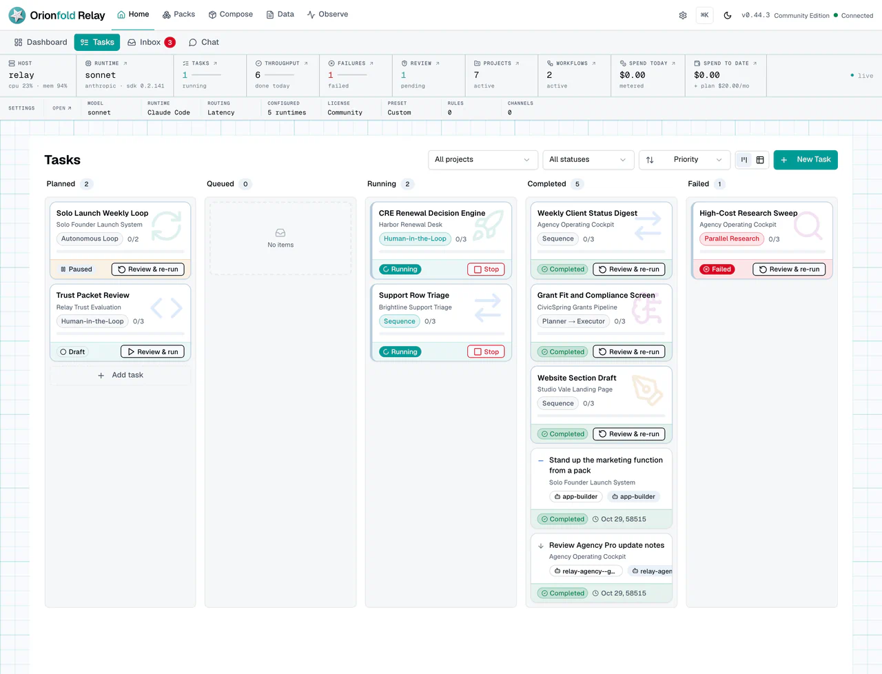 Tasks board showing work created by runs