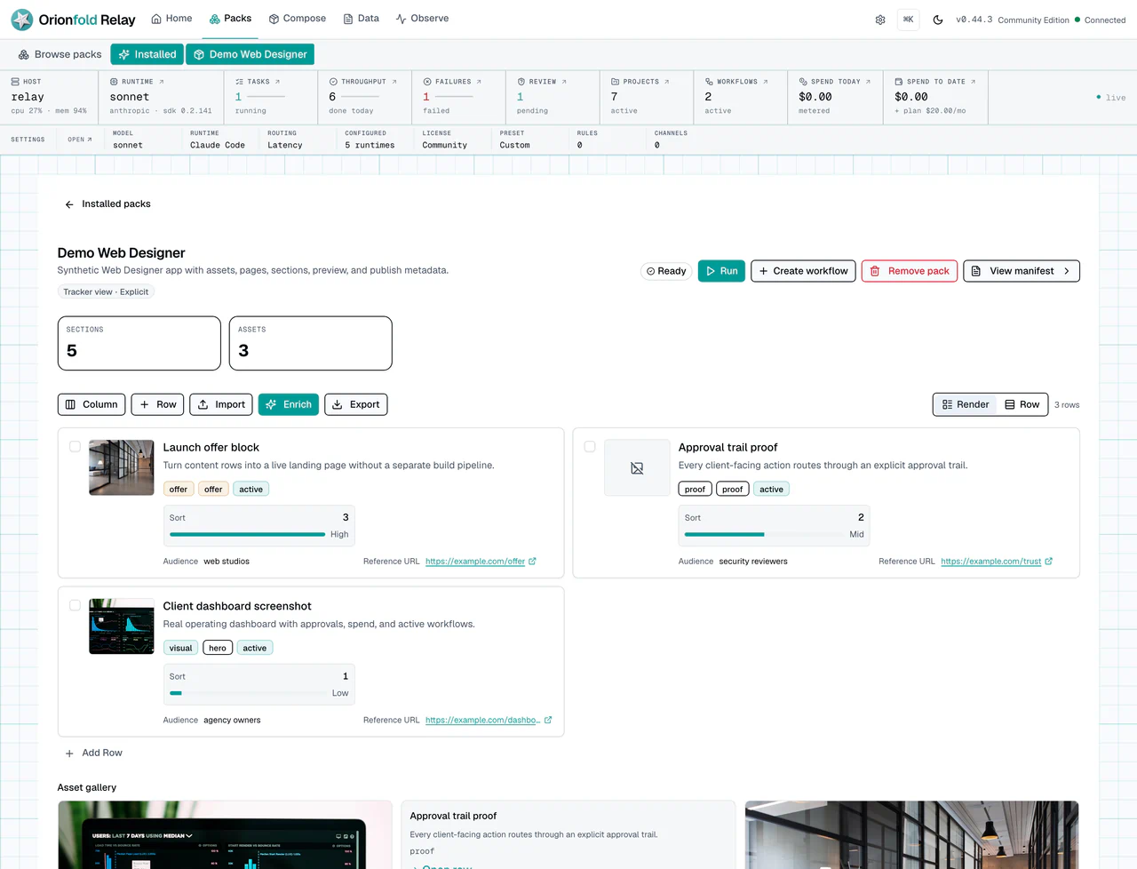 Web Designer app surface with site controls